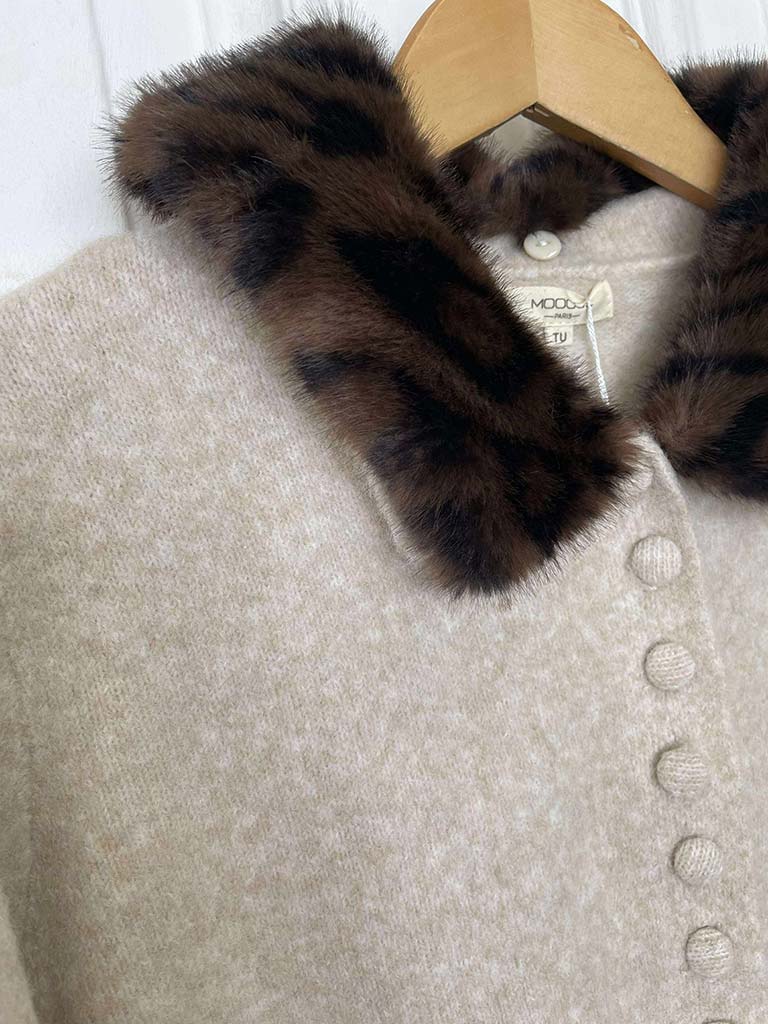 Faux Fur Collar Cardigan - Stone