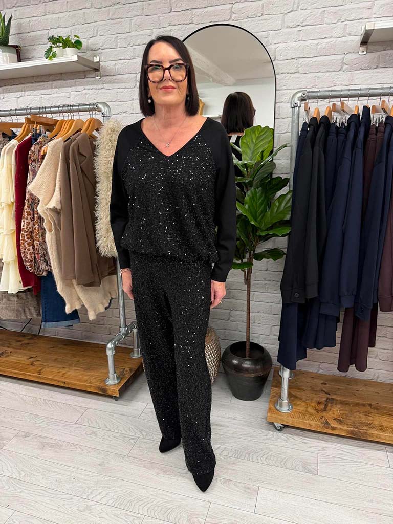 Malissa J Wide Leg Sequin Trousers - Black