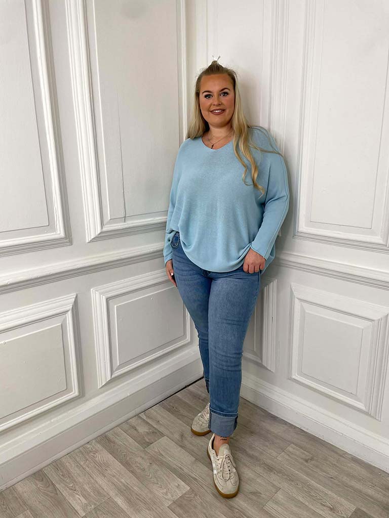 V-Neck Raw Edge Knit - Sky