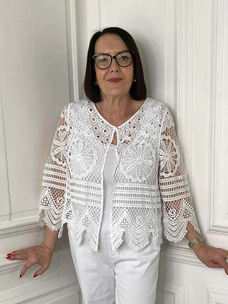 White boho lace crochet jacket with floral patterns, relaxed styling for womens fashion everyday wear. - Boho Lace Crochet Jacket - White