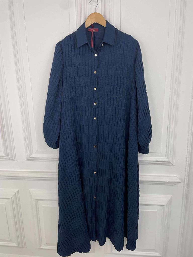 Textured Pleat Shirt Dress - Navy