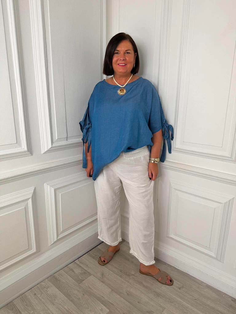 Chambray Tie Sleeve Top - Mid Denim