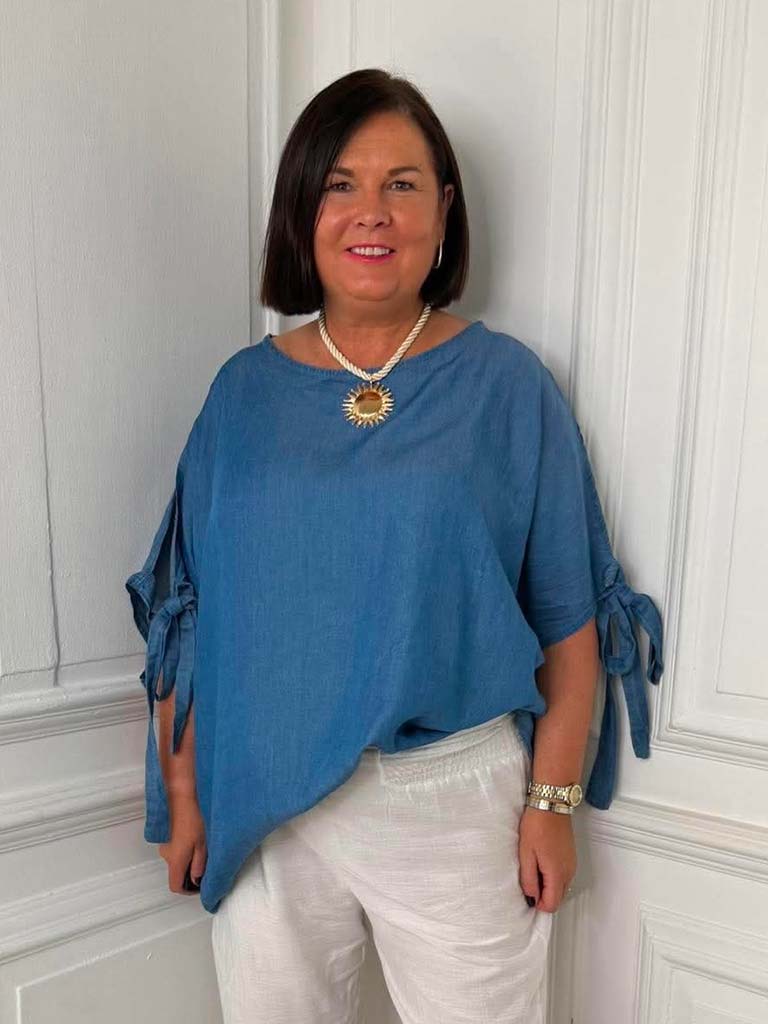 Chambray Tie Sleeve Top - Mid Denim