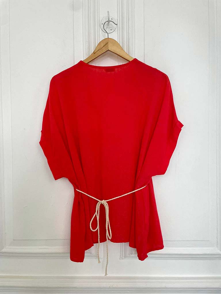 V-Neck Stone Drawstring Top - Blood Orange