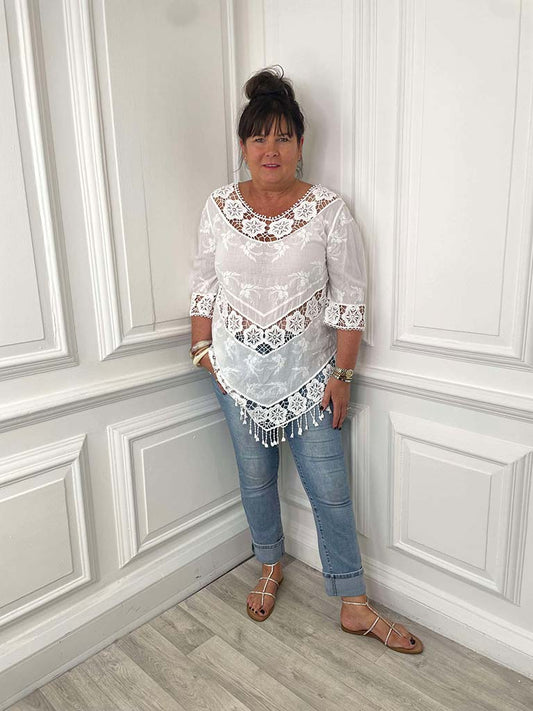 Floral Crochet Fringed Top - White