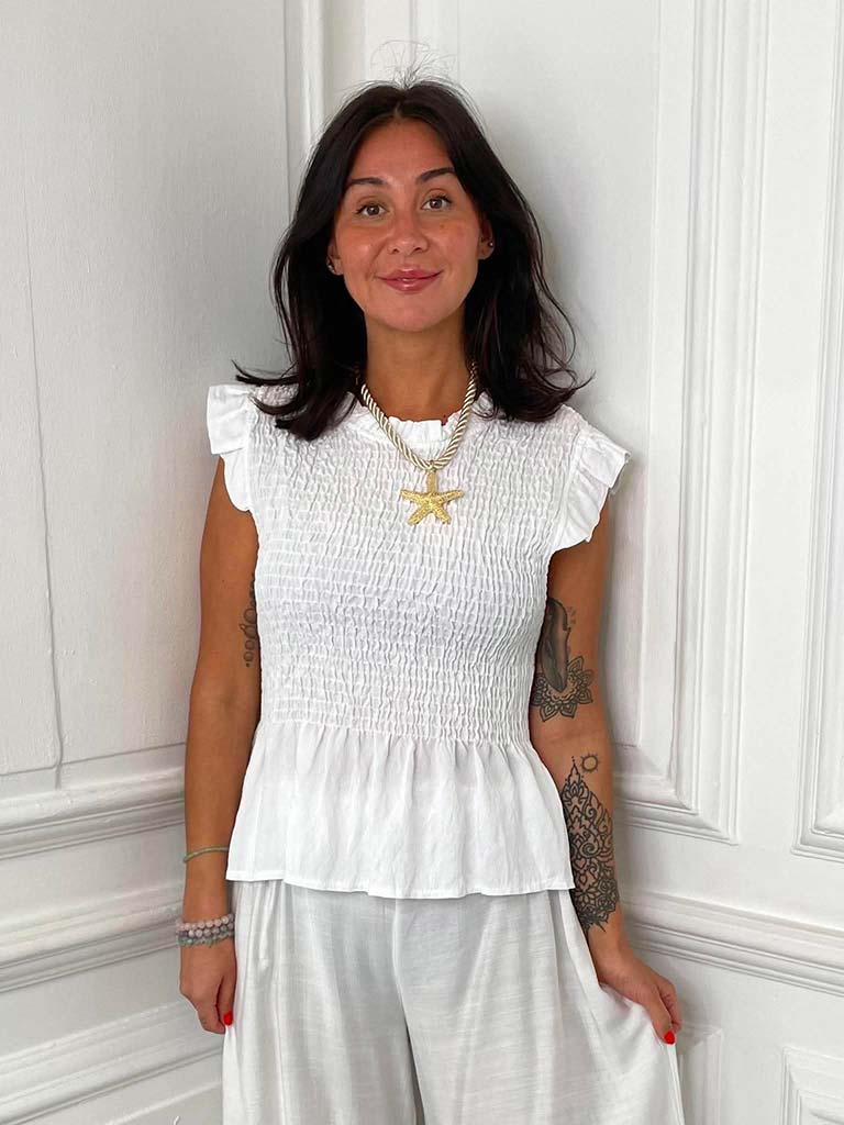 Shirred Frill Top - White