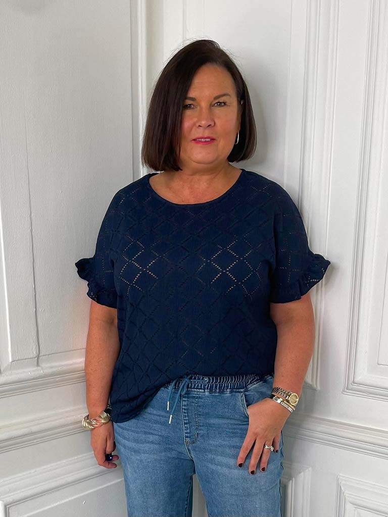 Diamond Eyelet Top - Navy