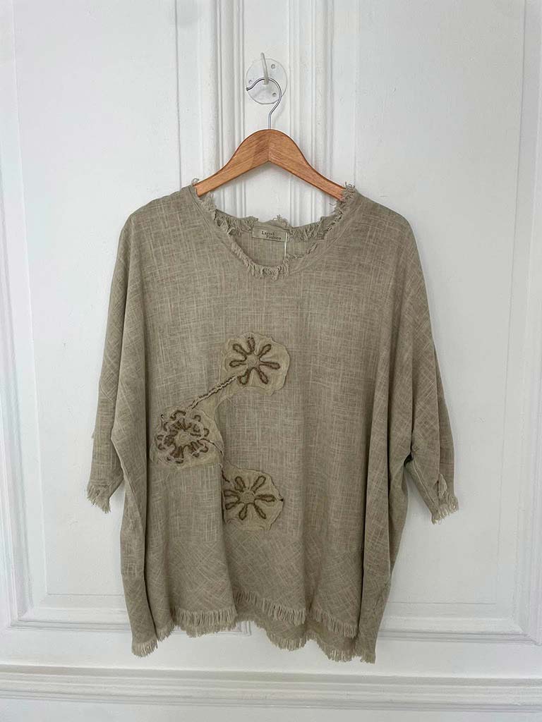 Flower Stitch Raw Edge Top - Sand
