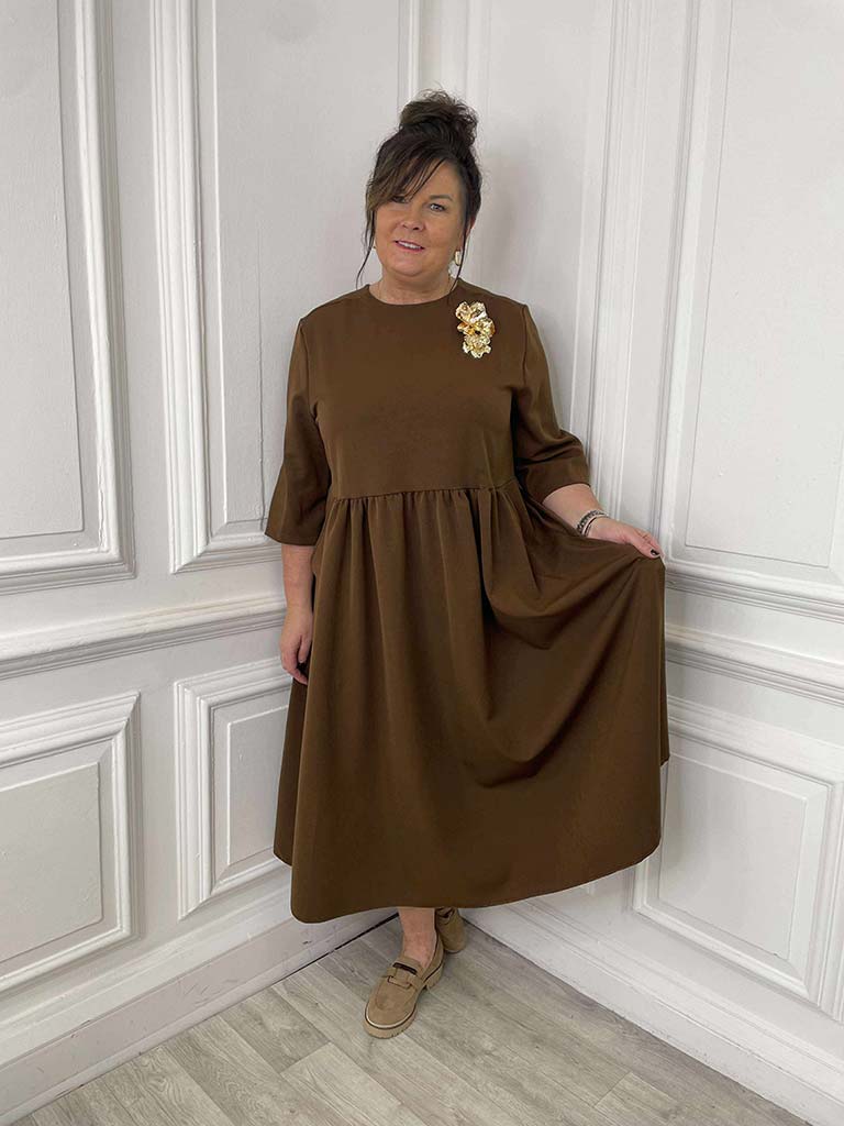 Gold Brooch Smock Midaxi Dress - Fudge