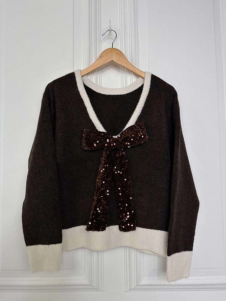 V-Neck Sequin Bow Knit - Chocolate