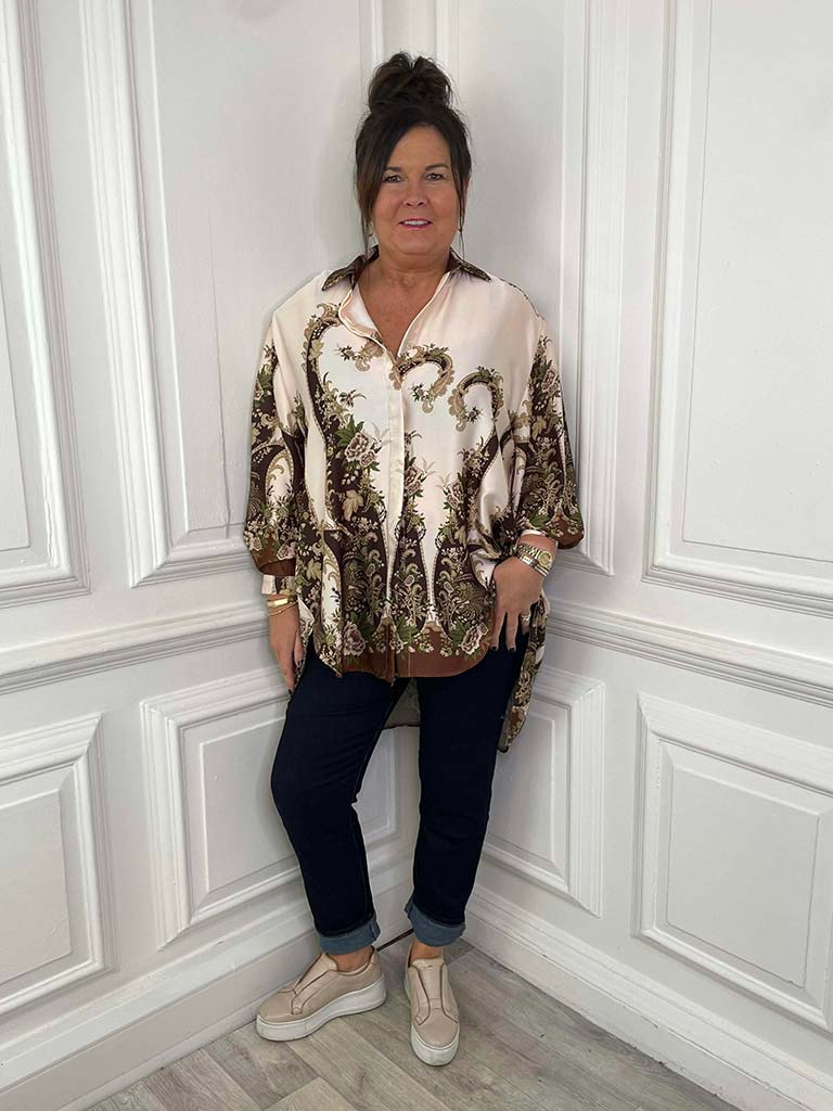 Ornate Floral Silk Feel Shirt - Champagne