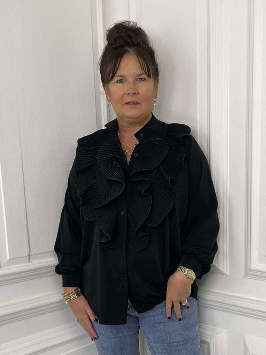 Plissé Ruffle Shirt - Black