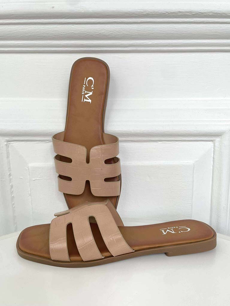 Faux Croc Mule Sandals - Nude