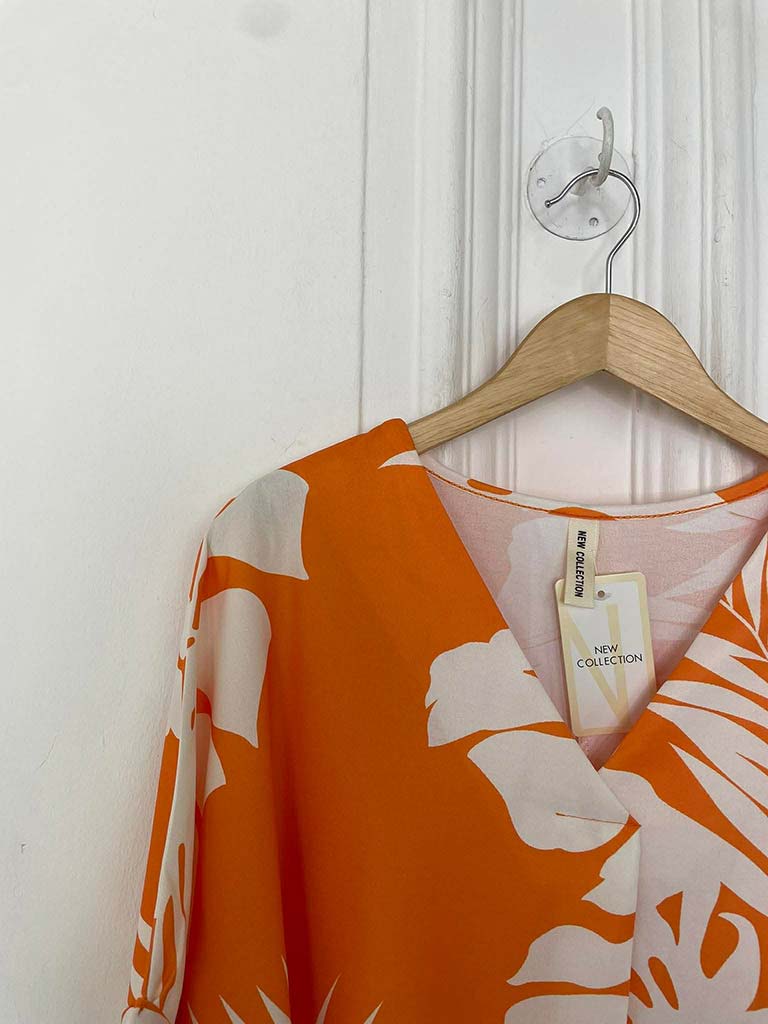 Tropical Print V-Neck Top - Tangerine