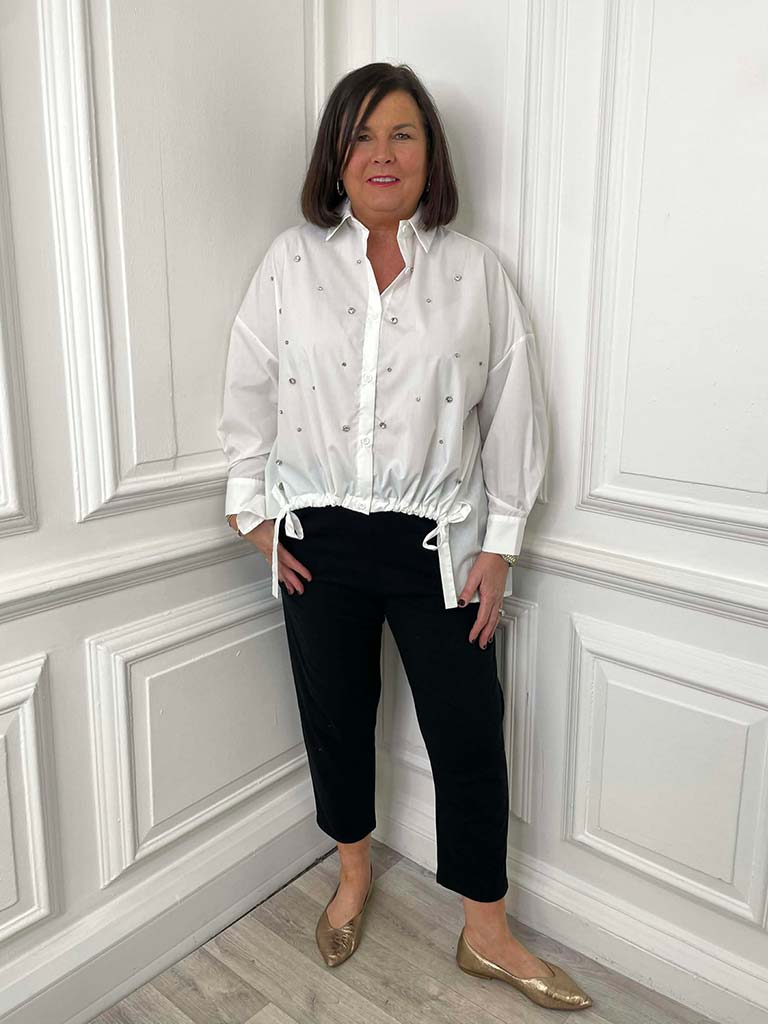 Malissa J Diamanté Drawstring Hem Shirt - White