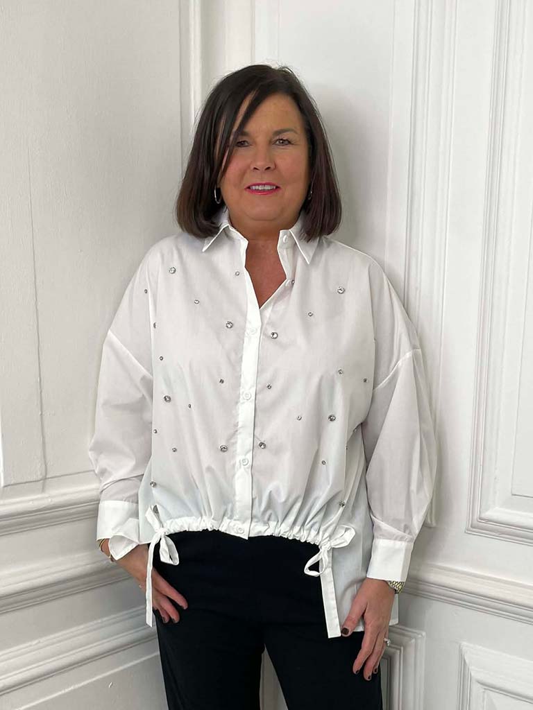 Malissa J Diamanté Drawstring Hem Shirt - White