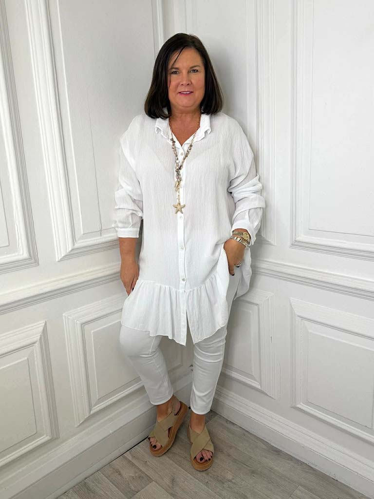 Drop Peplum Shirt Dress - White