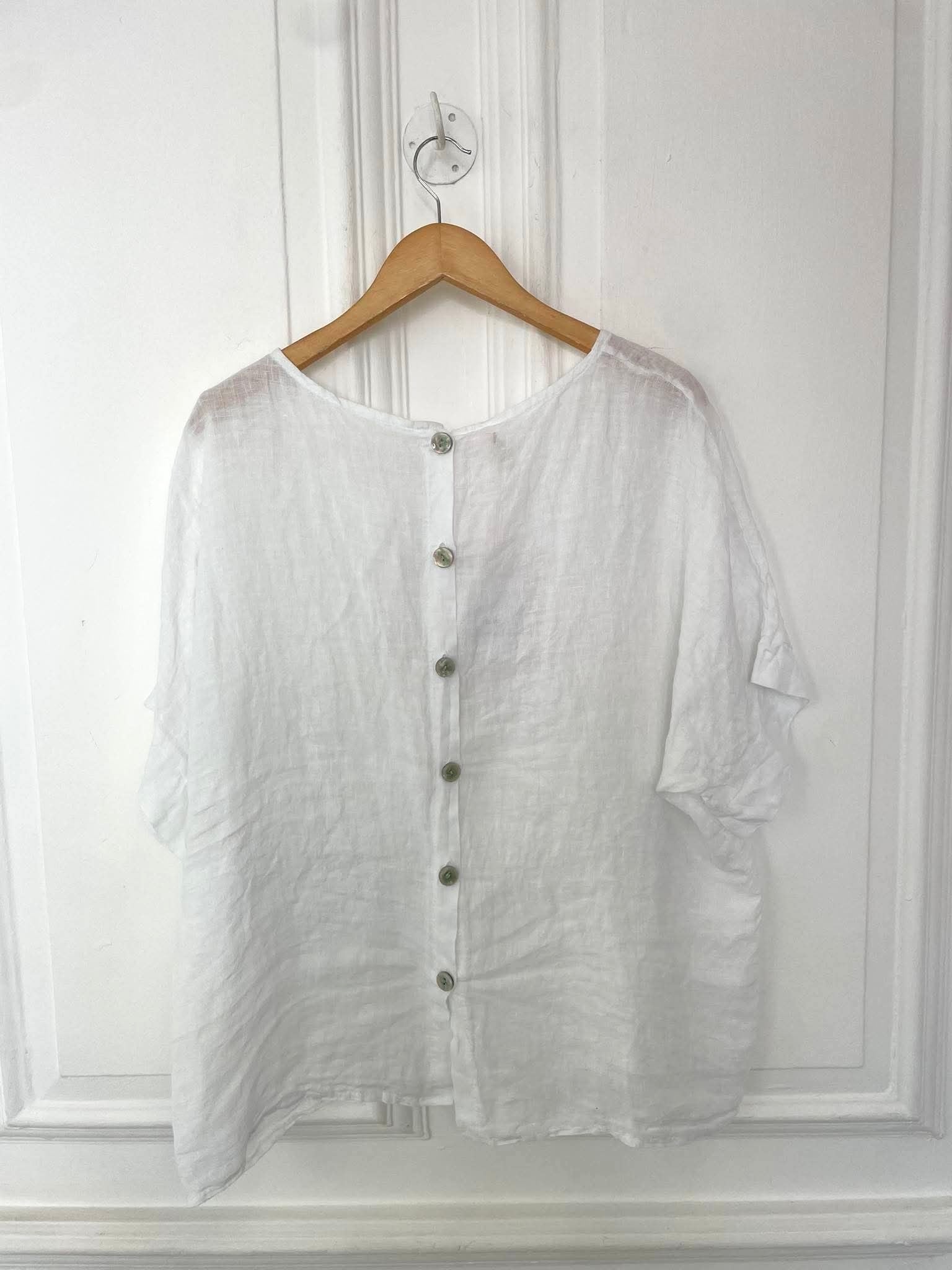 Linen Button Back Pocket Top - White
