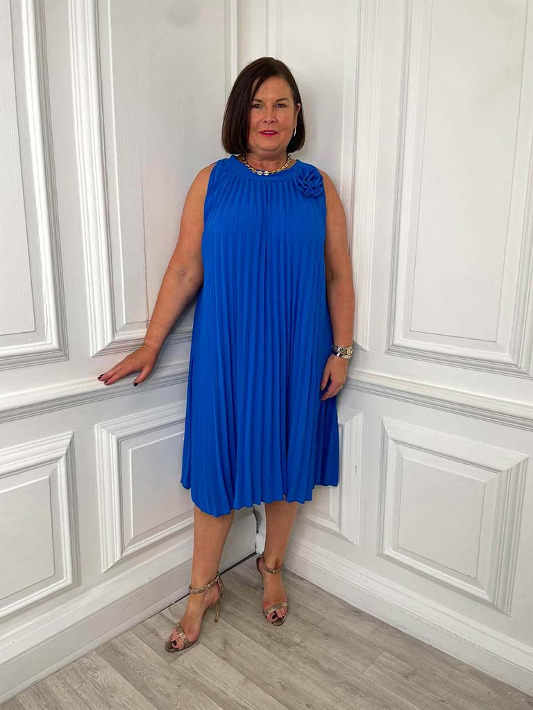 Pleated Flower Midi Dress - Cobalt