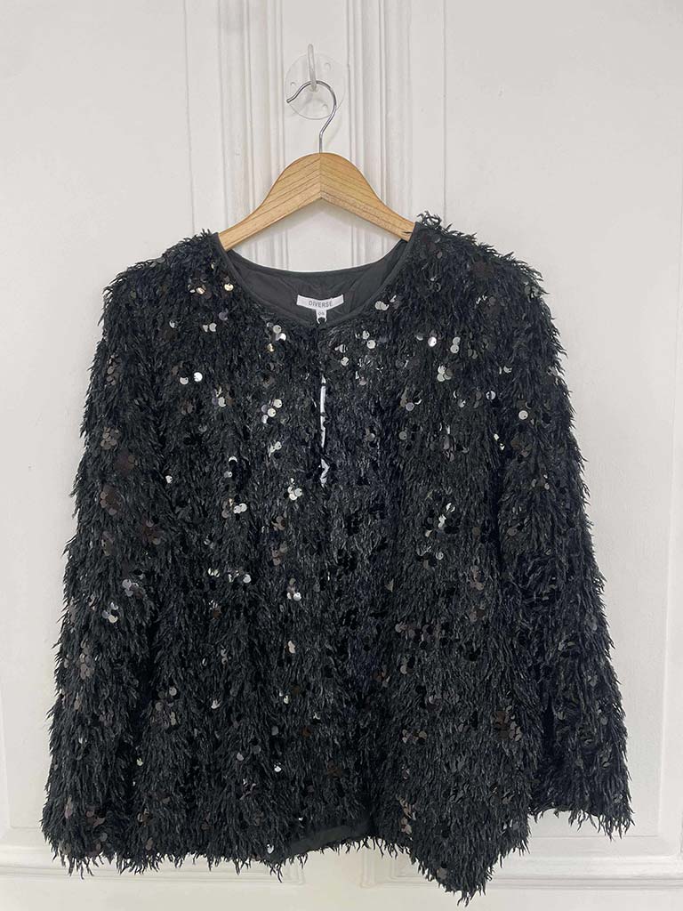 Faux Feather Sequin Jacket - Black