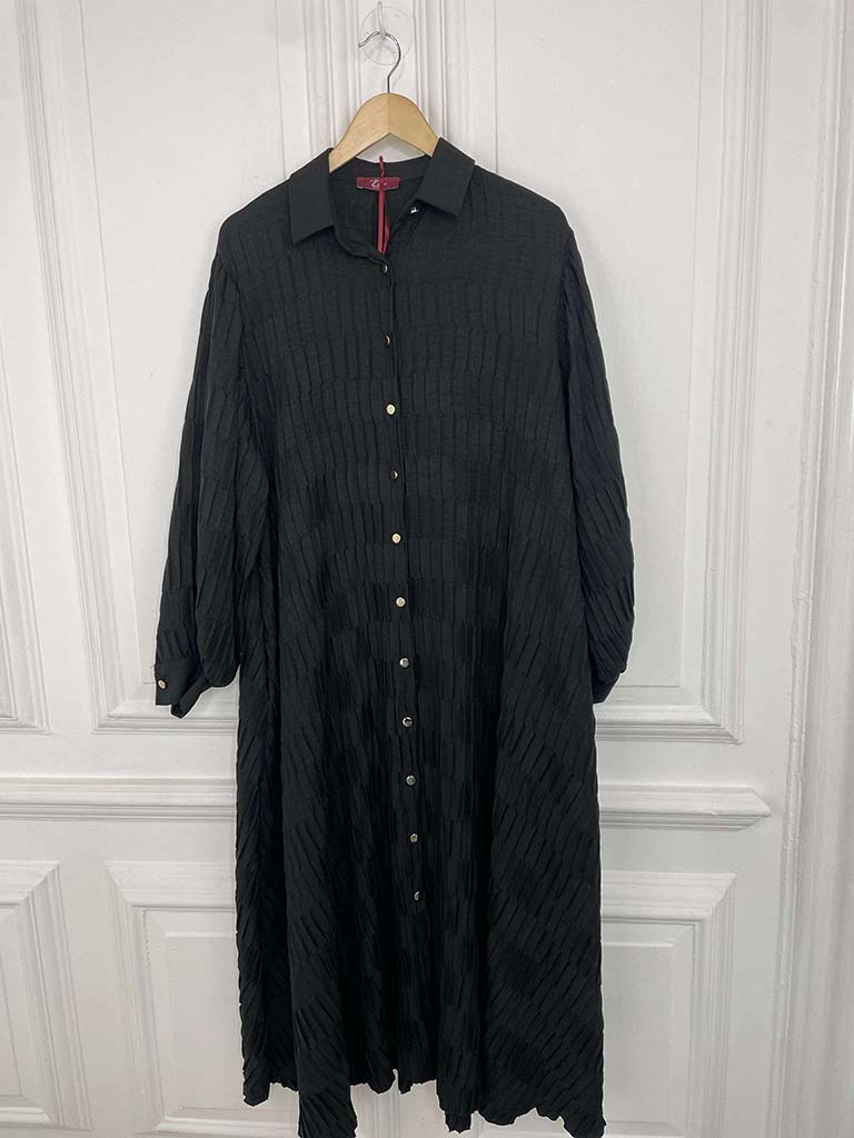 Textured Pleat Shirt Dress - Black