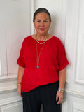 Linen Button Back Pocket Top - Cherry
