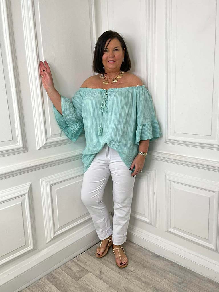 Seersucker Stripe Bardot Top - Mint