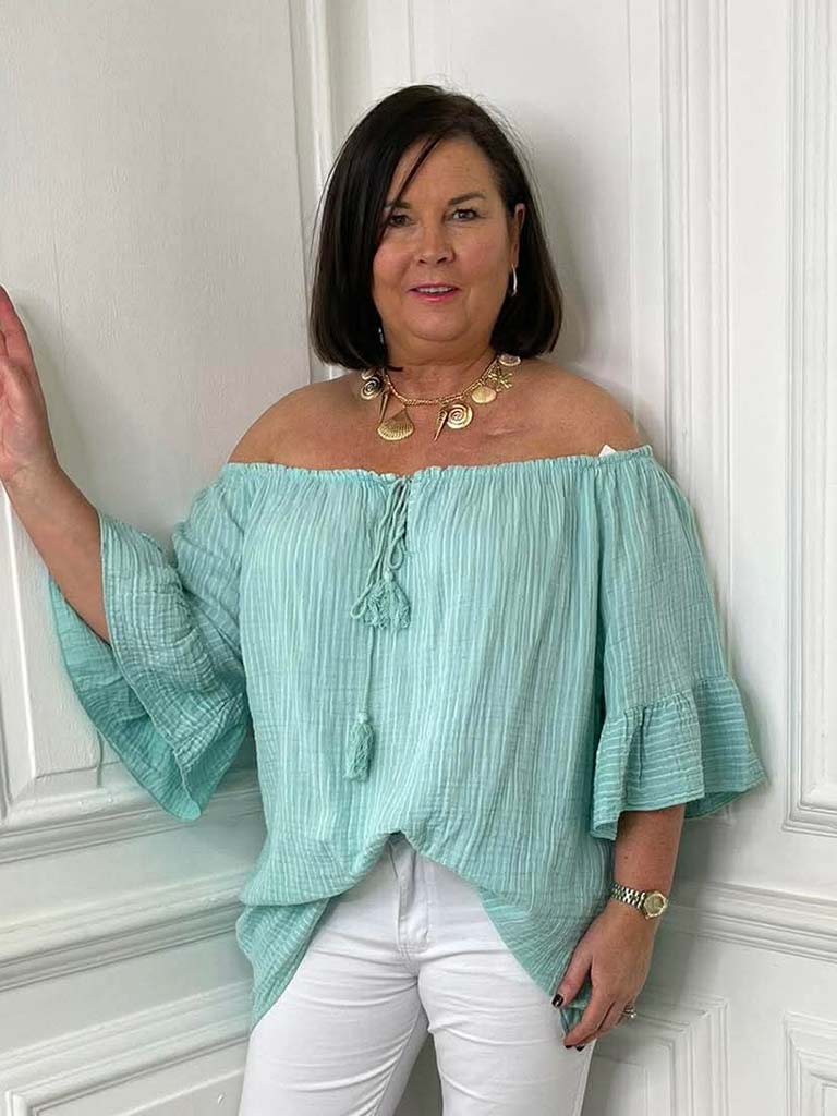 Seersucker Stripe Bardot Top - Mint