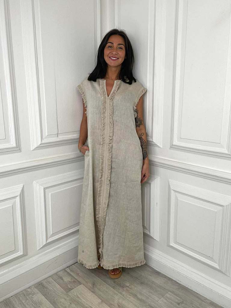 Malissa J Linen Raw Edge Dress - Stone