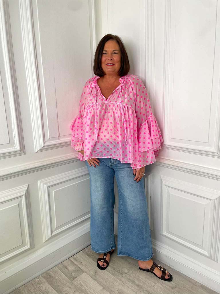 Polka Dot Ruffle Blouse - Rose & Bubblegum