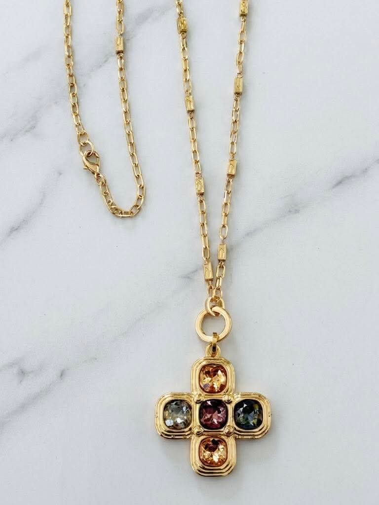 Envy Multi Stone Cross Pendant Necklace - Gold