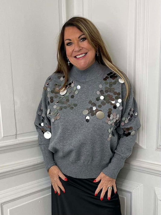 Malissa J Sequin Disc Knit - Grey