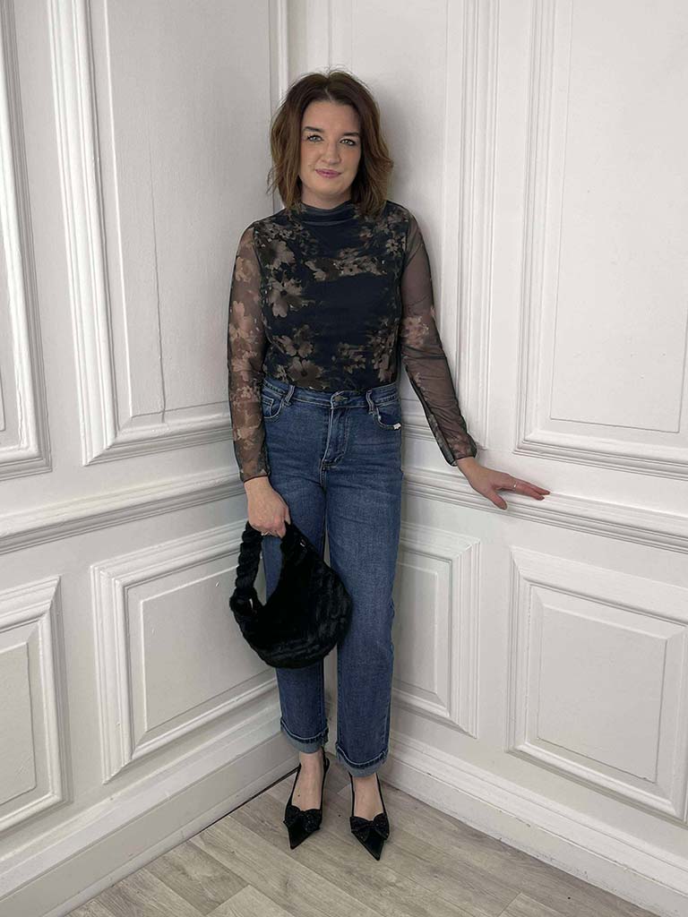 Watercolour Floral Mesh Top - Vintage Black