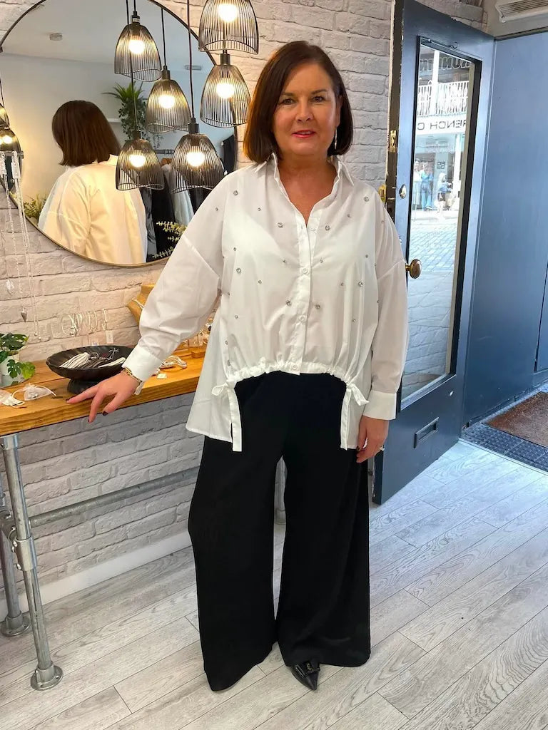 Malissa J Diamanté Drawstring Hem Shirt - White