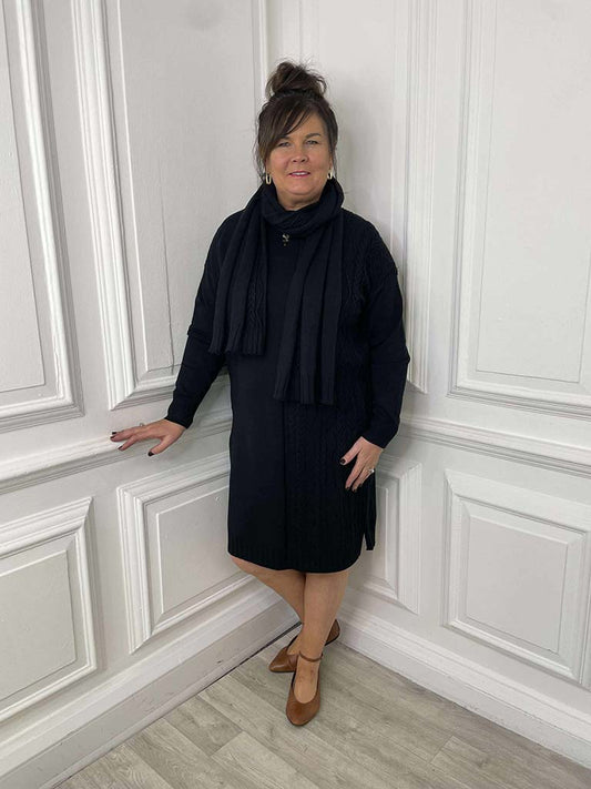 Malissa J Cable Knit Tunic & Scarf - Black