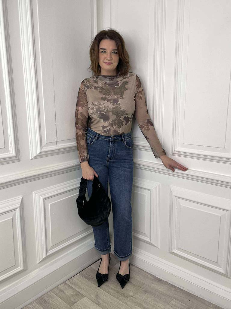 Watercolour Floral Mesh Top - Vintage Taupe