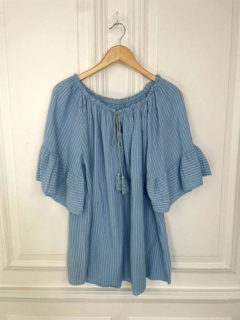 Seersucker Stripe Bardot Top - Sky