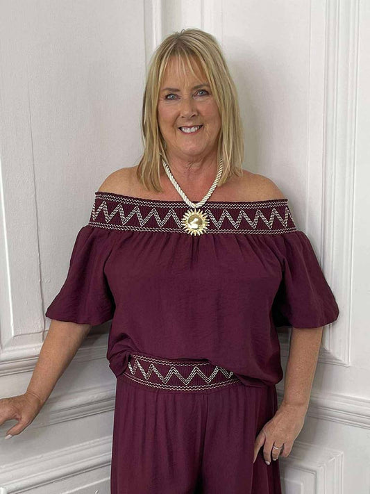 Embroidered Bardot Top - Burgundy
