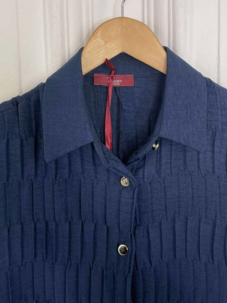 Textured Pleat Shirt Dress - Navy