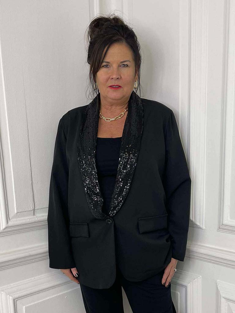Sequin Lapel Blazer - Black