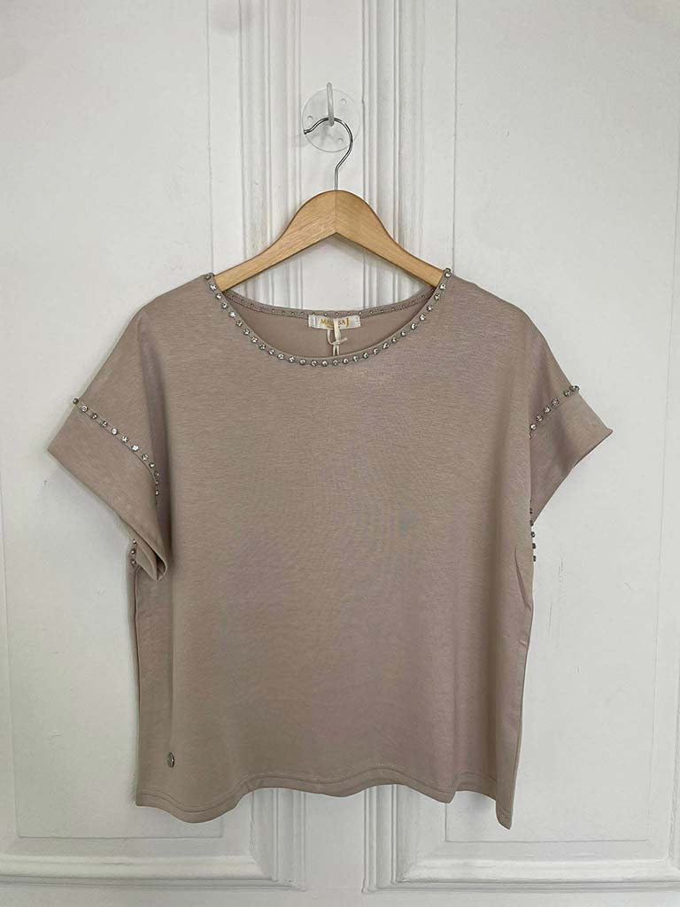 Malissa J Crystal Studded Luxe Tee - Stone