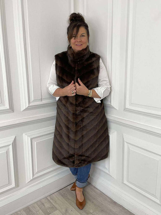 Malissa J Faux Fur Long Luxe Gilet - Brown