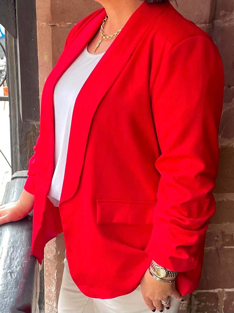 Ruched Sleeve Blazer - Cherry