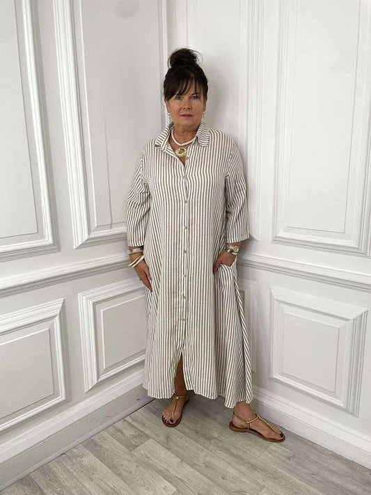 Linen Stripe Shirt Dress - Sand