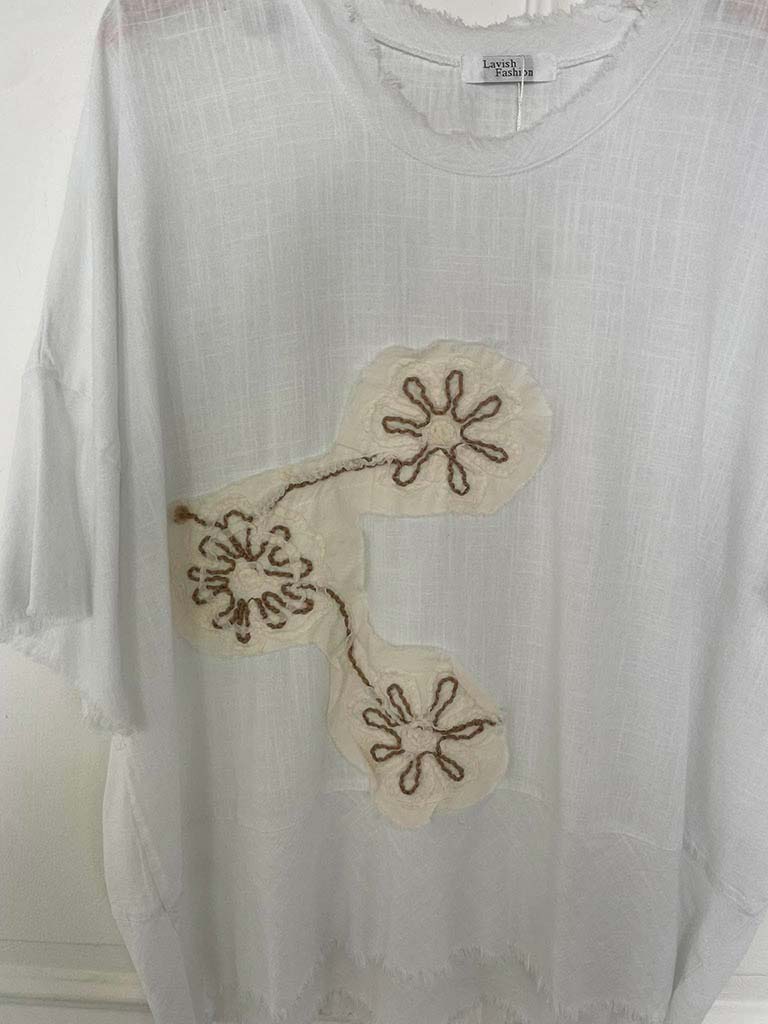 Flower Stitch Raw Edge Top - White