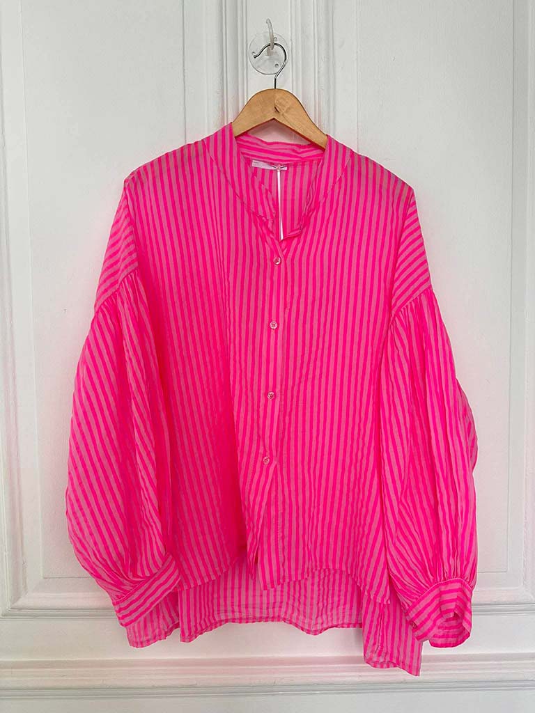 Balloon Sleeve Stripe Blouse - Neon Pink