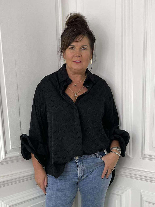 Embossed Frill Sleeve Shirt - Black