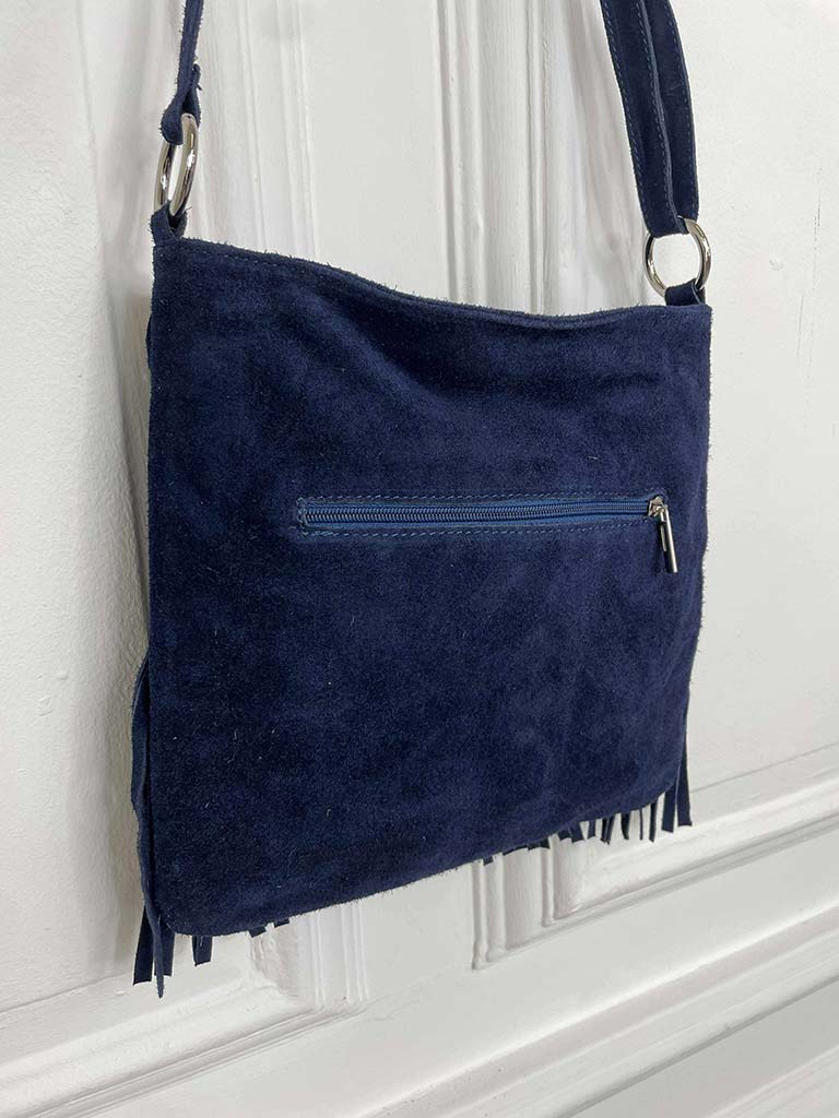Suede Fringed Bag - Navy