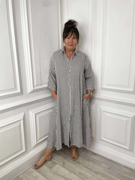 Linen Stripe Shirt Dress - Chocolate