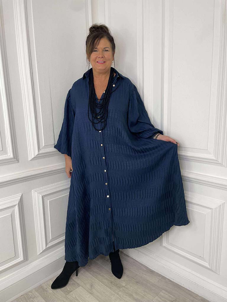 Textured Pleat Shirt Dress - Navy